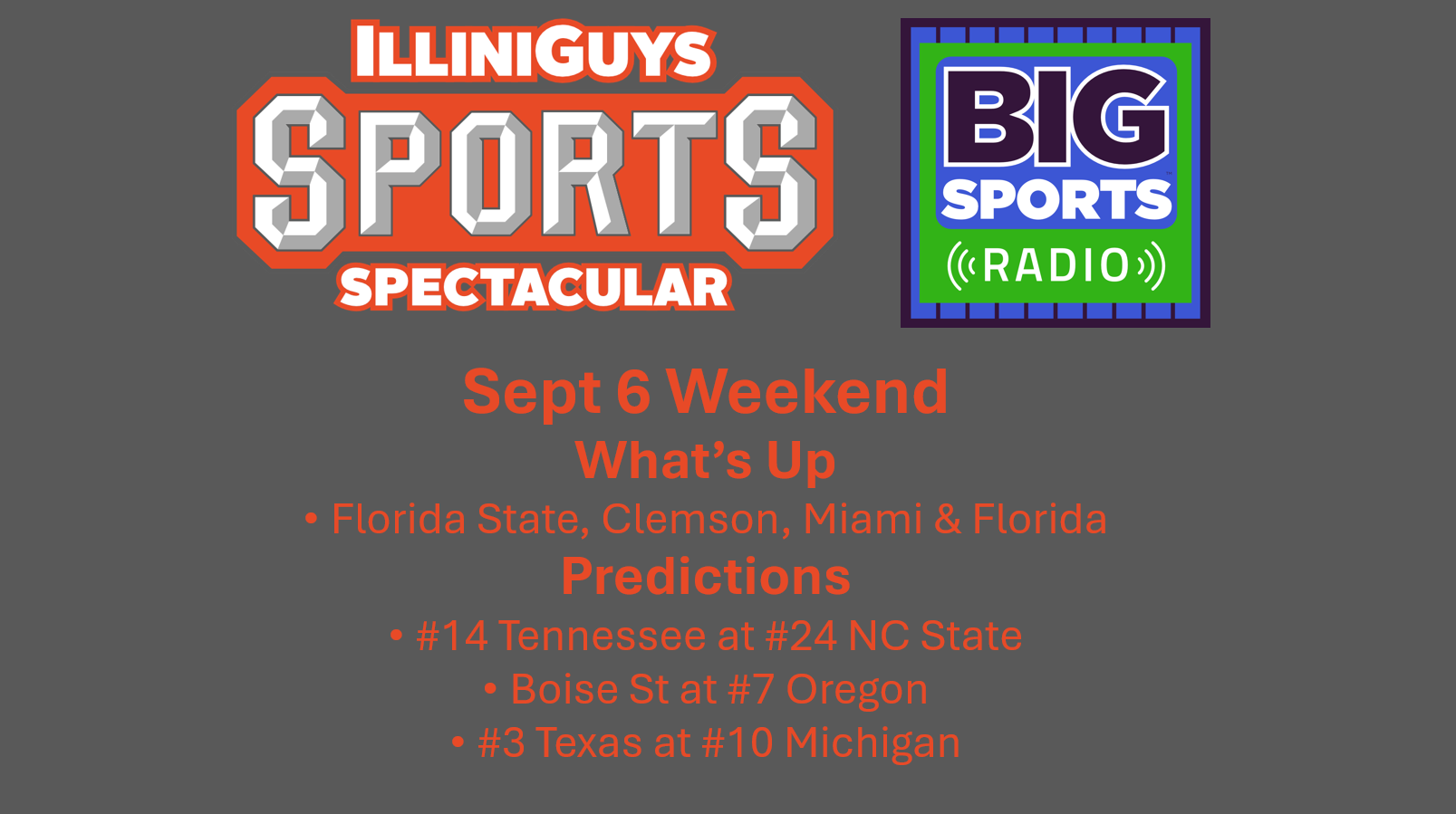 What's Up Florida State, Clemson, Miami & Florida 2- Game Predictions - Big Sports Radio - Sept 6 Weekend